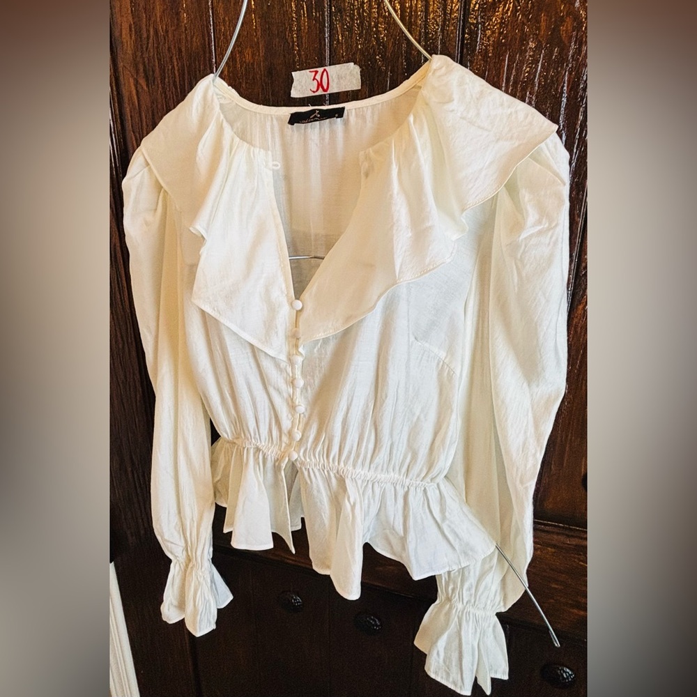 Alamia Women’s  White Ruffled Women's Long  Sleeve Button-Down Blouse  Size S